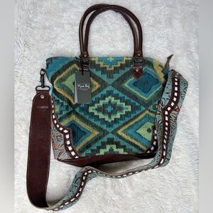 NWT Myra Curation Tote Bag Cotton Leather Turquoise Blue Brown Western Aztec